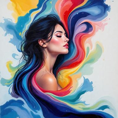 The primary subject of the image is a woman with long hair, who is the main focus of the painting. She is depicted with a pink lipstick and is looking upwards. The setting is a colorful background, which adds to the overall atmosphere of the painting. The visual style of the image is a combination of digital art and illustration, creating a vibrant and artistic representation of the woman. The colors used in the painting are predominantly blue, pink, and yellow, which contribute to the overall m